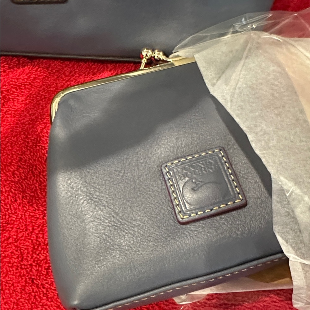 Genuine Dooney & Bourke Leather Slate Blue Satchel with Brown Leather Accents - Picture 3 of 11